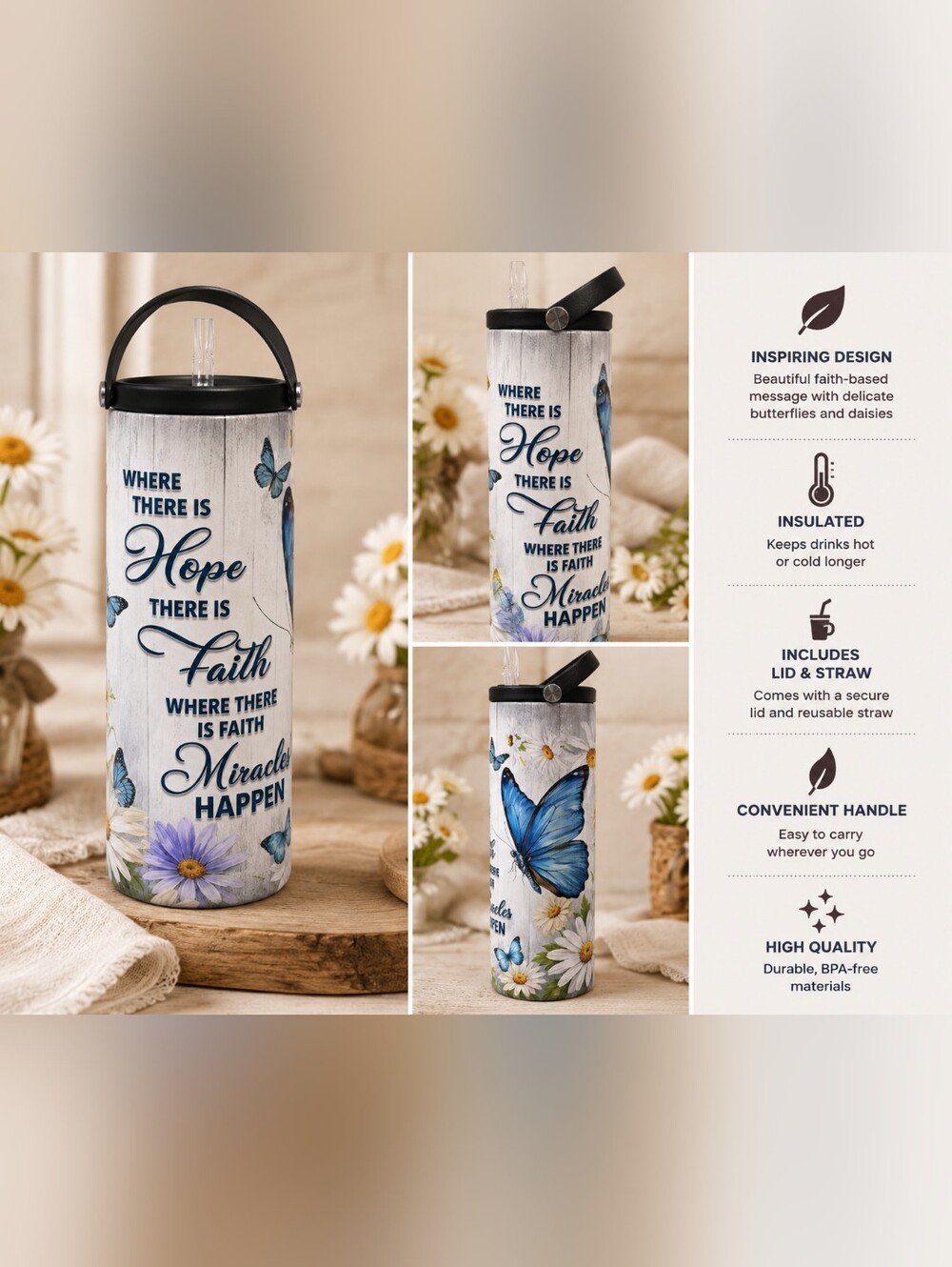 Hand Crafted Blue Floral & Butterfly Insulated Travel Tumbler